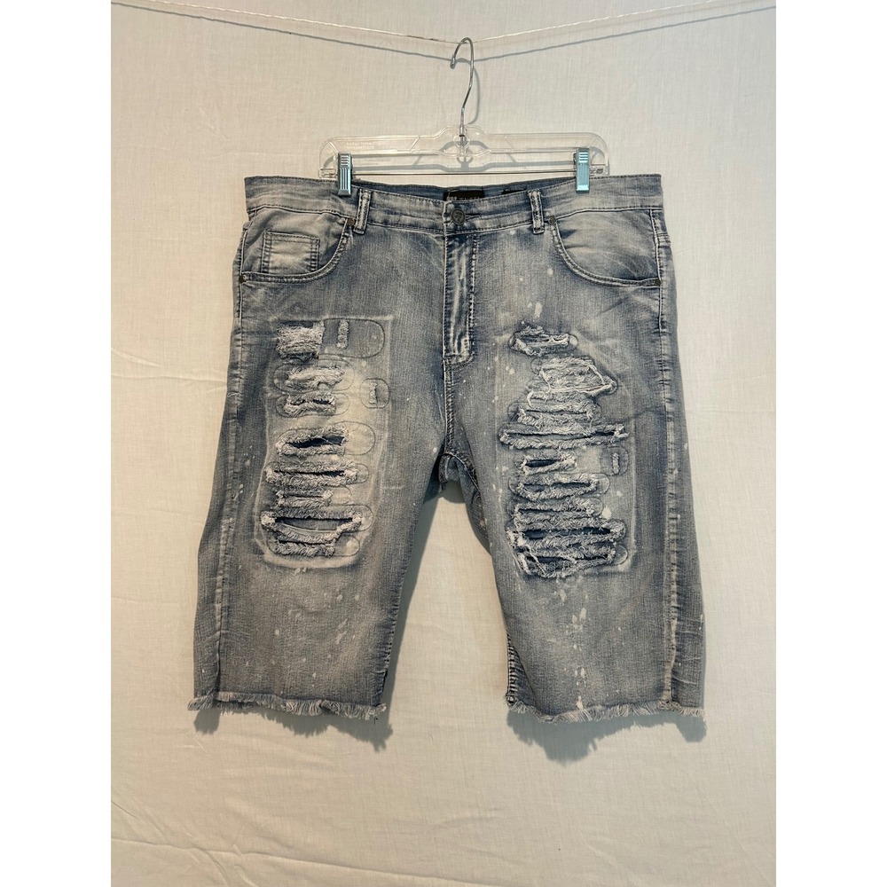 Mens Light Wash Distressed Paint Splatter Denim Shorts Size 40 Streetwear Urban